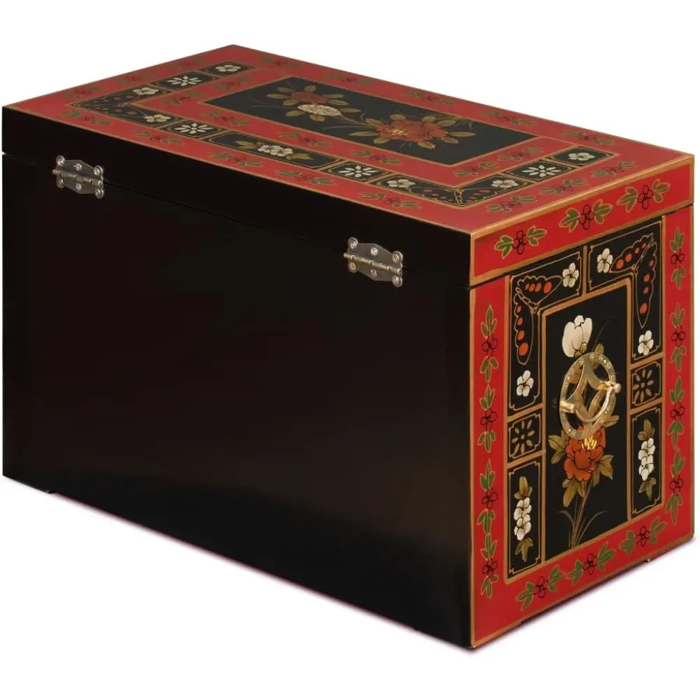 tibetan Flower Motif Jewelry Chest, Red and Black