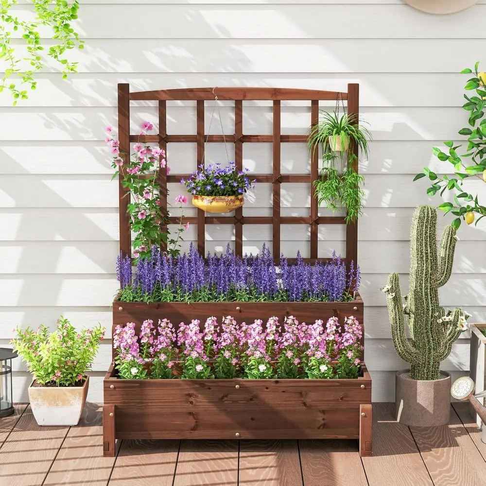2-Tier Raised Garden Bed with Trellis & Legs, Planter Box with Lattice Trellis & Drainage Holes, Outdoor Flower Box for Vine, Cl