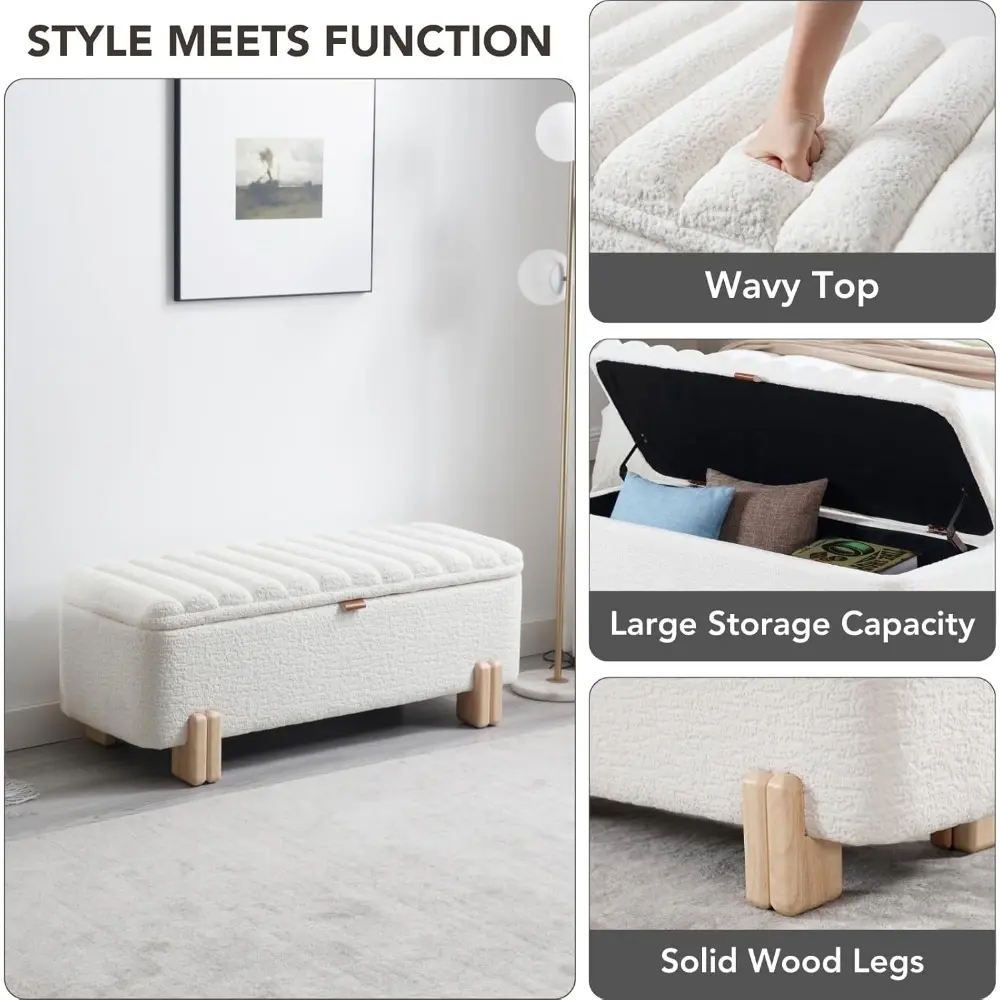 Storage Bench Faux Fur Entryway Bench 45” Upholstered Bench with Seating for Living Room, Bedroom, White