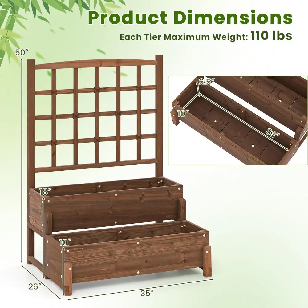 2-Tier Raised Garden Bed with Trellis & Legs, Planter Box with Lattice Trellis & Drainage Holes, Outdoor Flower Box for Vine, Cl