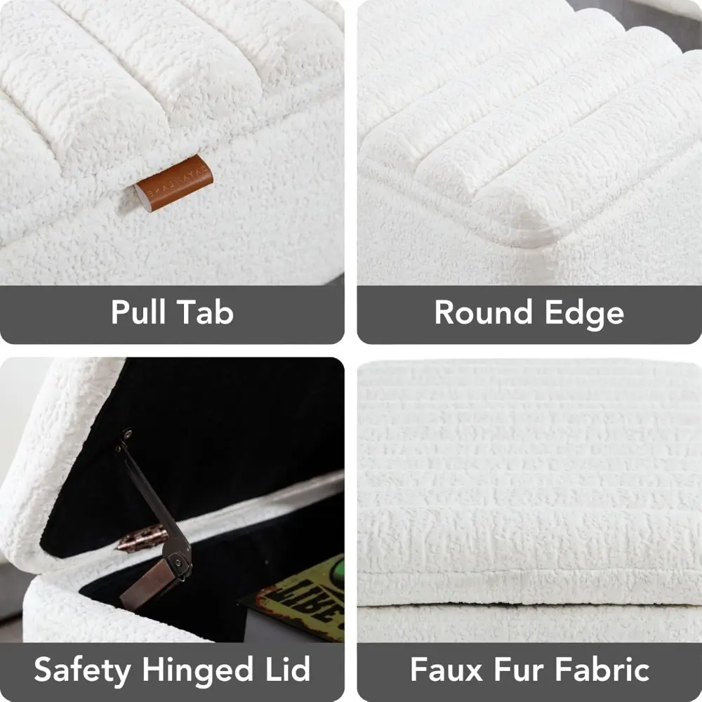 Storage Bench Faux Fur Entryway Bench 45” Upholstered Bench with Seating for Living Room, Bedroom, White