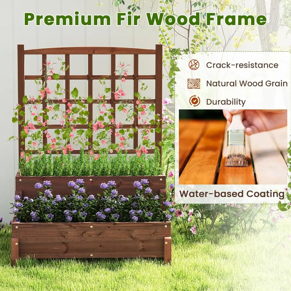 2-Tier Raised Garden Bed with Trellis & Legs, Planter Box with Lattice Trellis & Drainage Holes, Outdoor Flower Box for Vine, Cl