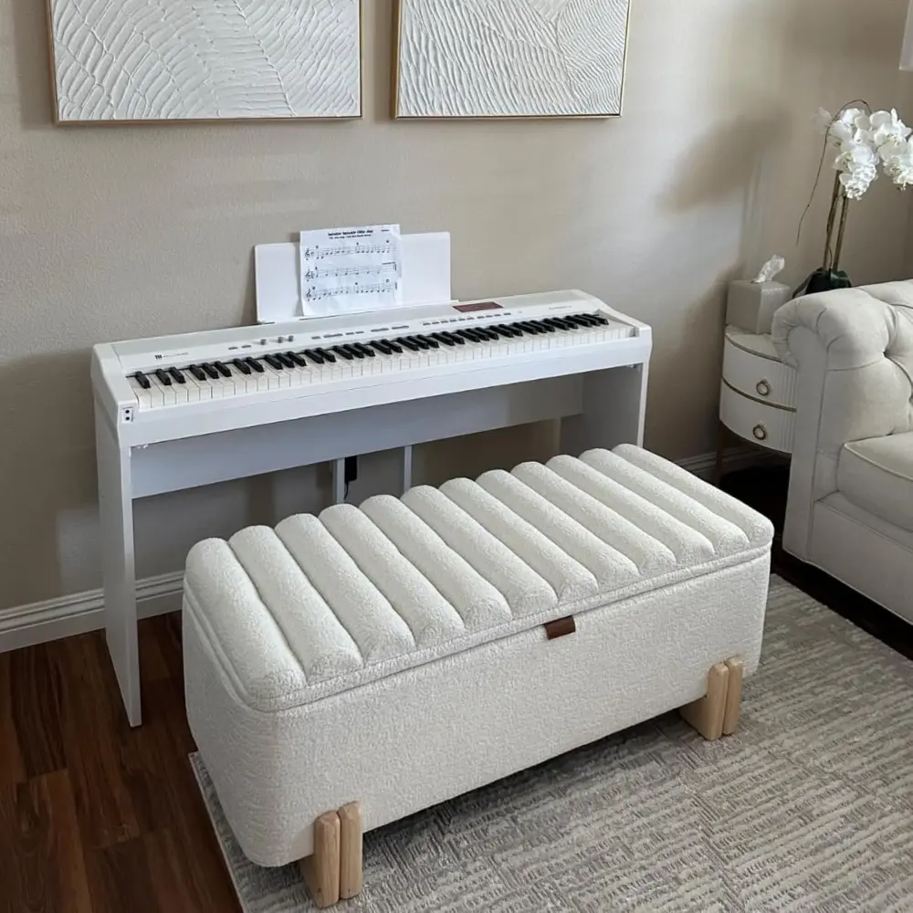 Storage Bench Faux Fur Entryway Bench 45” Upholstered Bench with Seating for Living Room, Bedroom, White