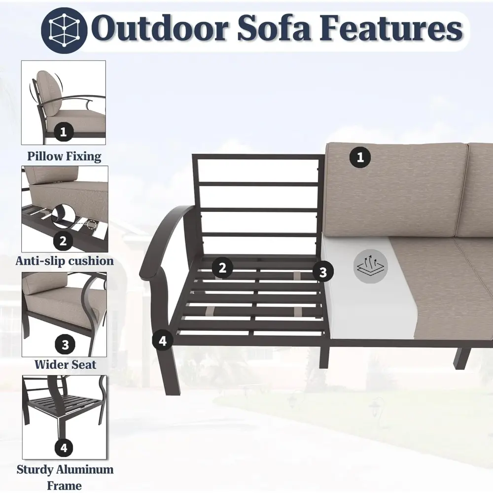 Patio Furniture Set 8-Piece Aluminum Sectional Sofa with Armrest, Modern Outdoor Conversation Set, Metal Corner Sofa with Ottom