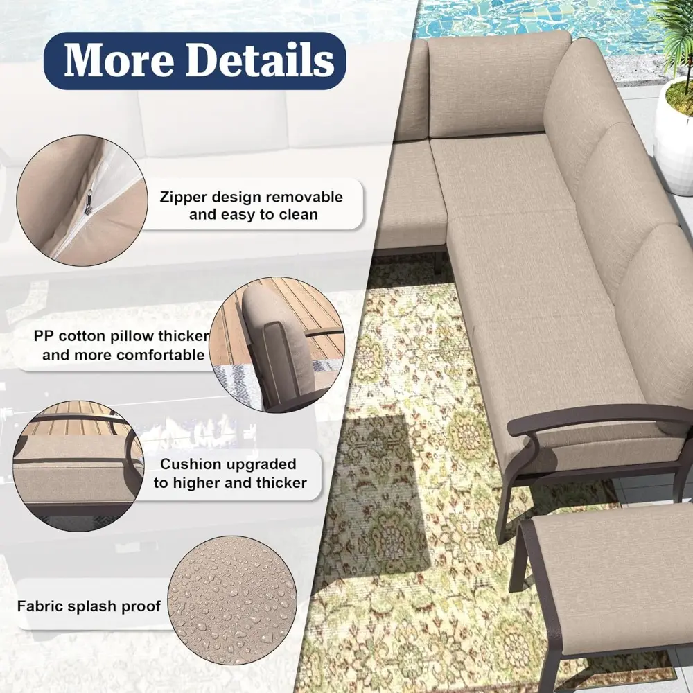 Patio Furniture Set 8-Piece Aluminum Sectional Sofa with Armrest, Modern Outdoor Conversation Set, Metal Corner Sofa with Ottom