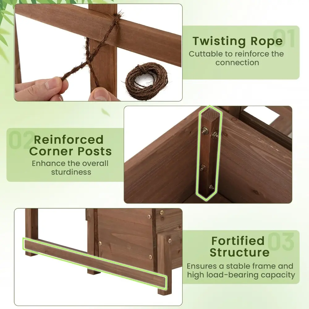 2-Tier Raised Garden Bed with Trellis & Legs, Planter Box with Lattice Trellis & Drainage Holes, Outdoor Flower Box for Vine, Cl