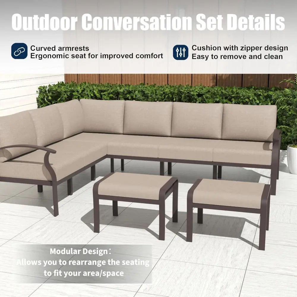 Patio Furniture Set 8-Piece Aluminum Sectional Sofa with Armrest, Modern Outdoor Conversation Set, Metal Corner Sofa with Ottom