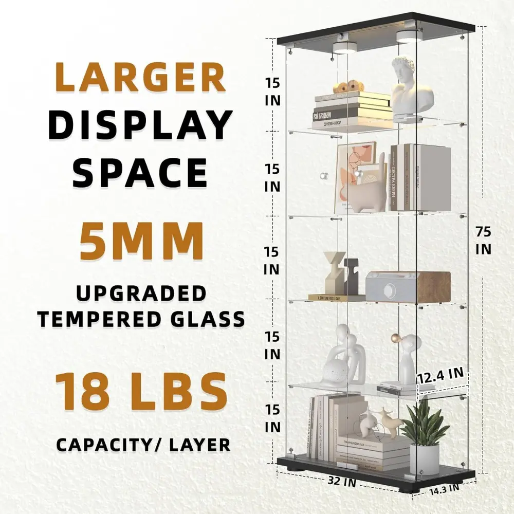 Glass Display Cabinet 5-Shelf with Door, Locking, 12-Color LED Push Lights with Remote Control,5mm Tempered Glass Floor-to-Ceili