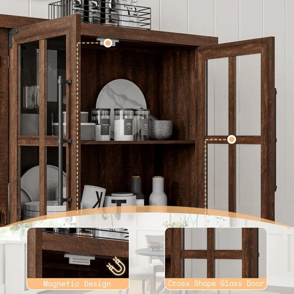 Farmhouse 63" Buffet Sideboard Cabinet with Glass Door, Large Storage Cabinet with Adjustable Shelf, Wooden Coffee Bar Station