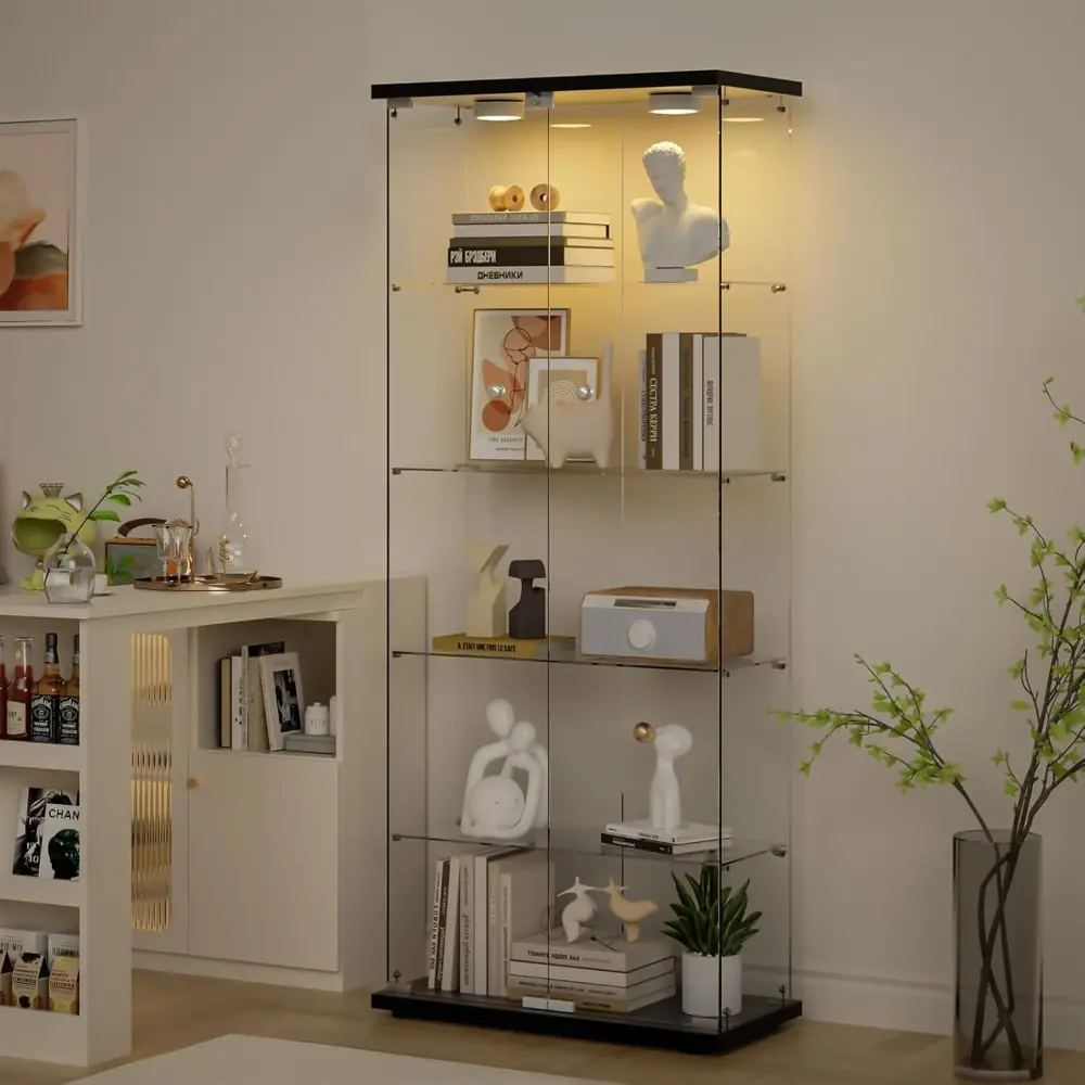 Glass Display Cabinet 5-Shelf with Door, Locking, 12-Color LED Push Lights with Remote Control,5mm Tempered Glass Floor-to-Ceili