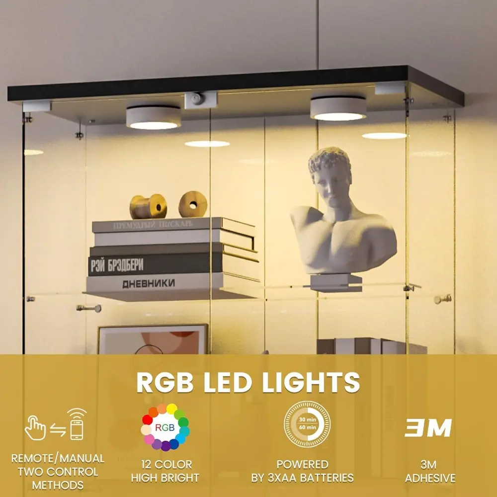 Glass Display Cabinet 5-Shelf with Door, Locking, 12-Color LED Push Lights with Remote Control,5mm Tempered Glass Floor-to-Ceili