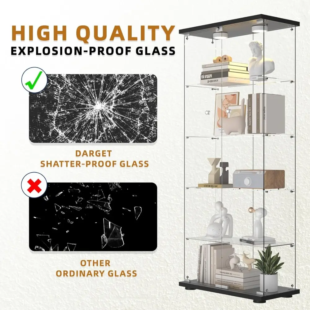 Glass Display Cabinet 5-Shelf with Door, Locking, 12-Color LED Push Lights with Remote Control,5mm Tempered Glass Floor-to-Ceili