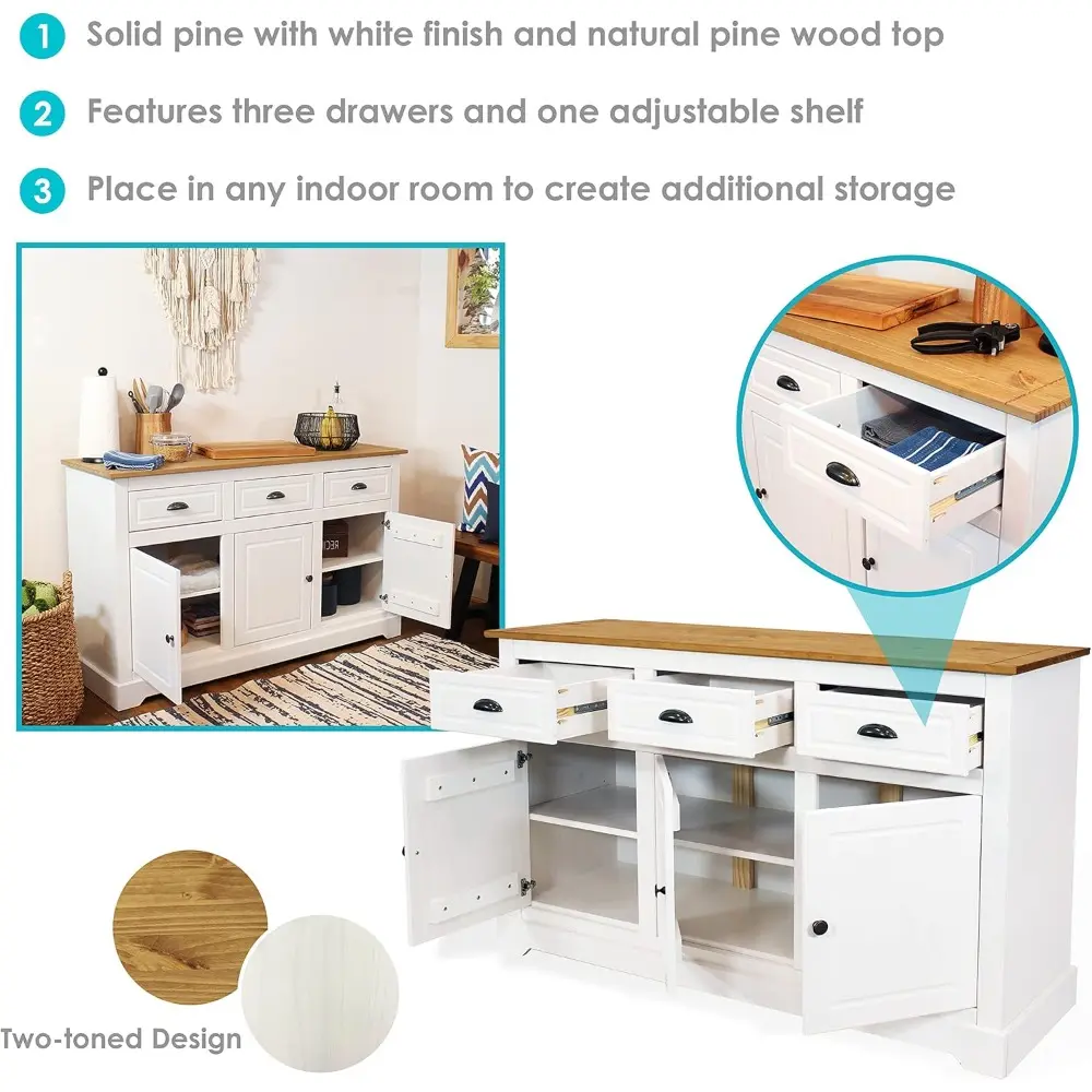 32-Inch Solid Pine Sideboard Cabinet with 3 Drawers and 3 Doors - Adjustable Shelf - Zinc Alloy Hardware - White