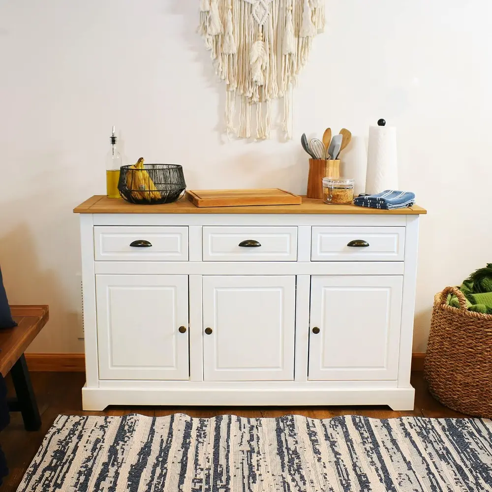 32-Inch Solid Pine Sideboard Cabinet with 3 Drawers and 3 Doors - Adjustable Shelf - Zinc Alloy Hardware - White