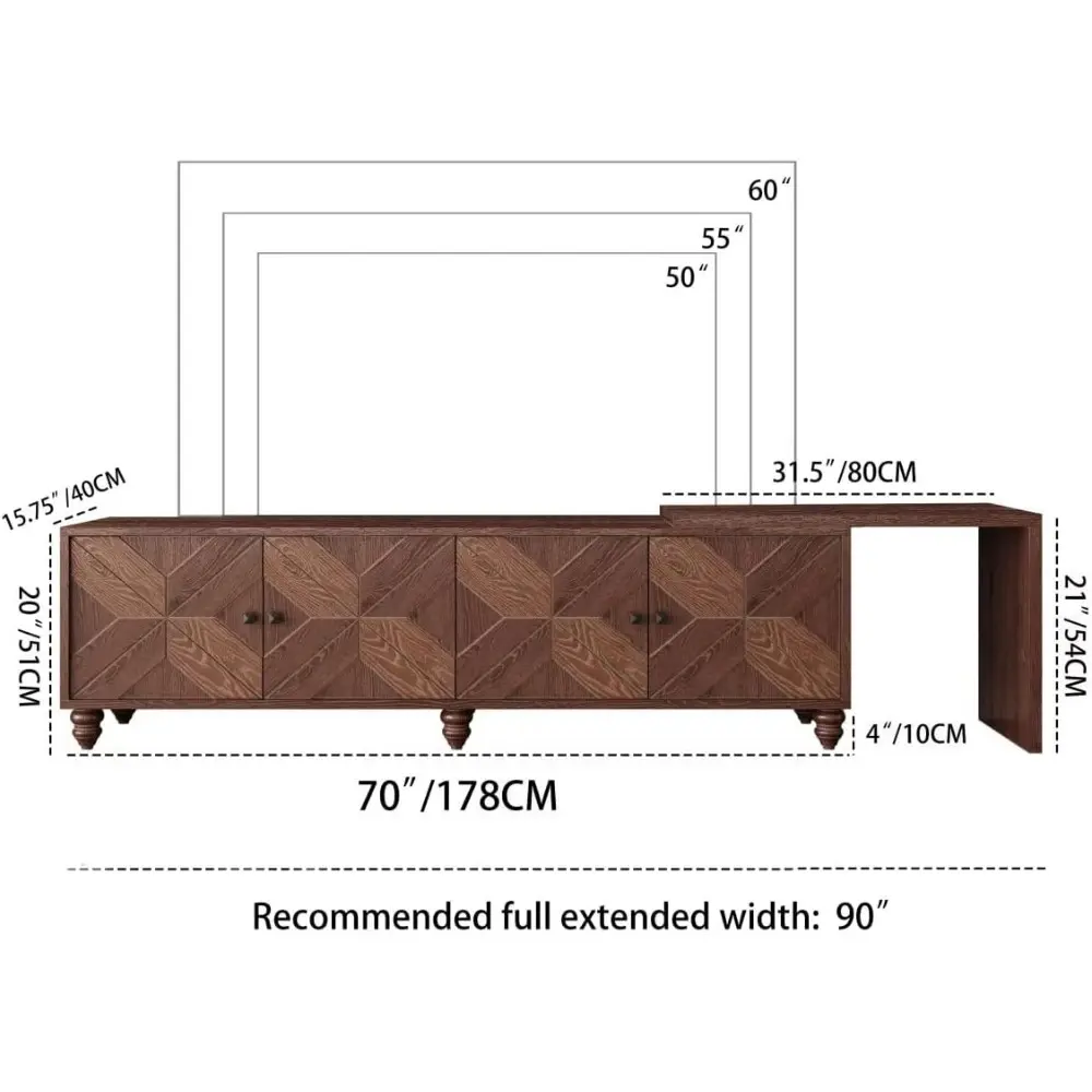 70"-90" Extendable TV Cabinet, Modern Entertainment Center with Storage and Adjustable Shelves, Mid Century Lacquered and Real W