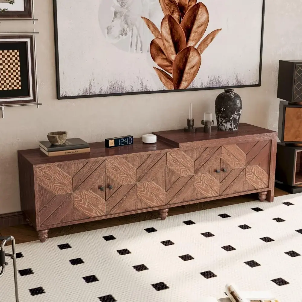 70"-90" Extendable TV Cabinet, Modern Entertainment Center with Storage and Adjustable Shelves, Mid Century Lacquered and Real W