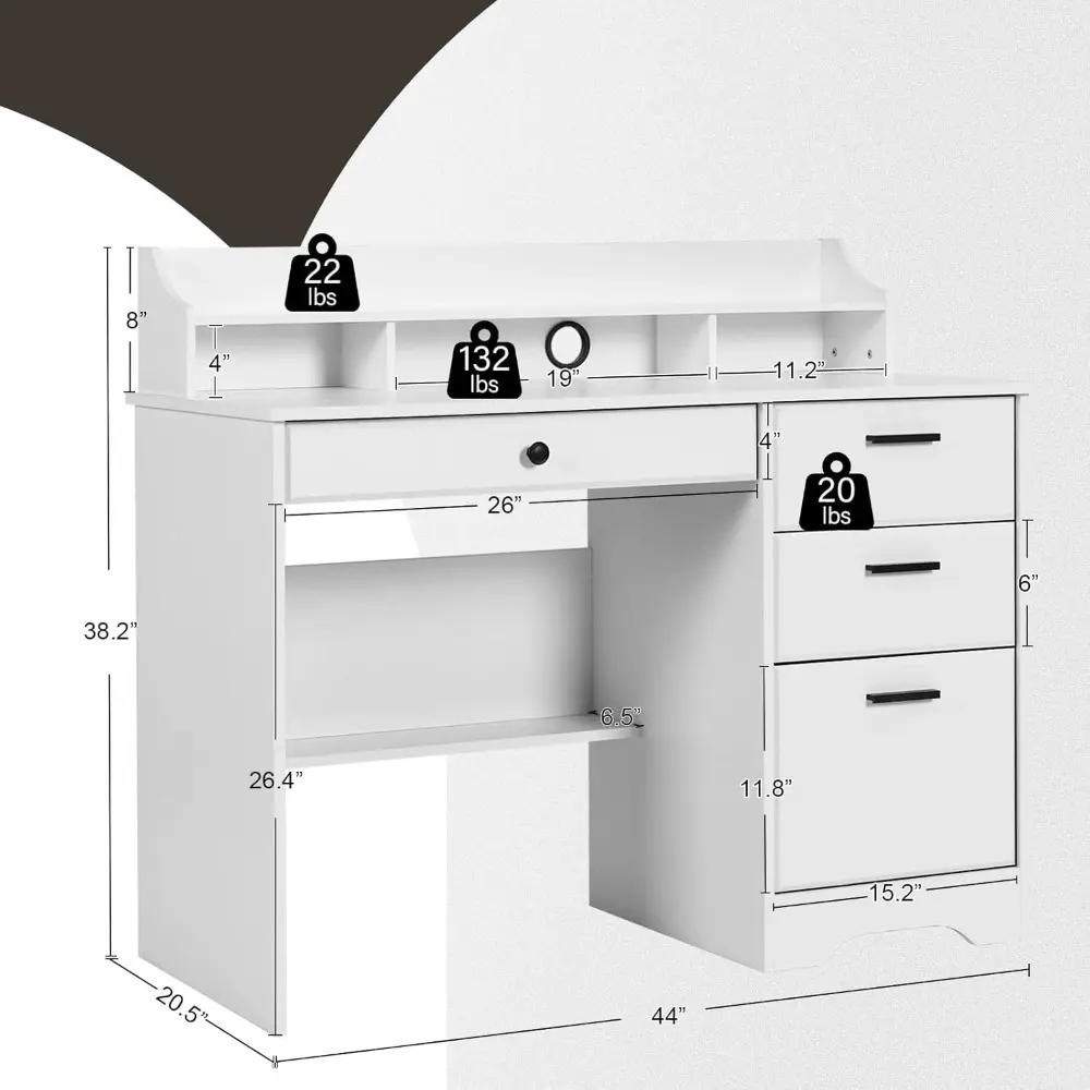 Computer Desk with 4 Drawers and Hutch, Home Office White Writing Desk with File Drawer and Shelves for Small Spaces, Small Des