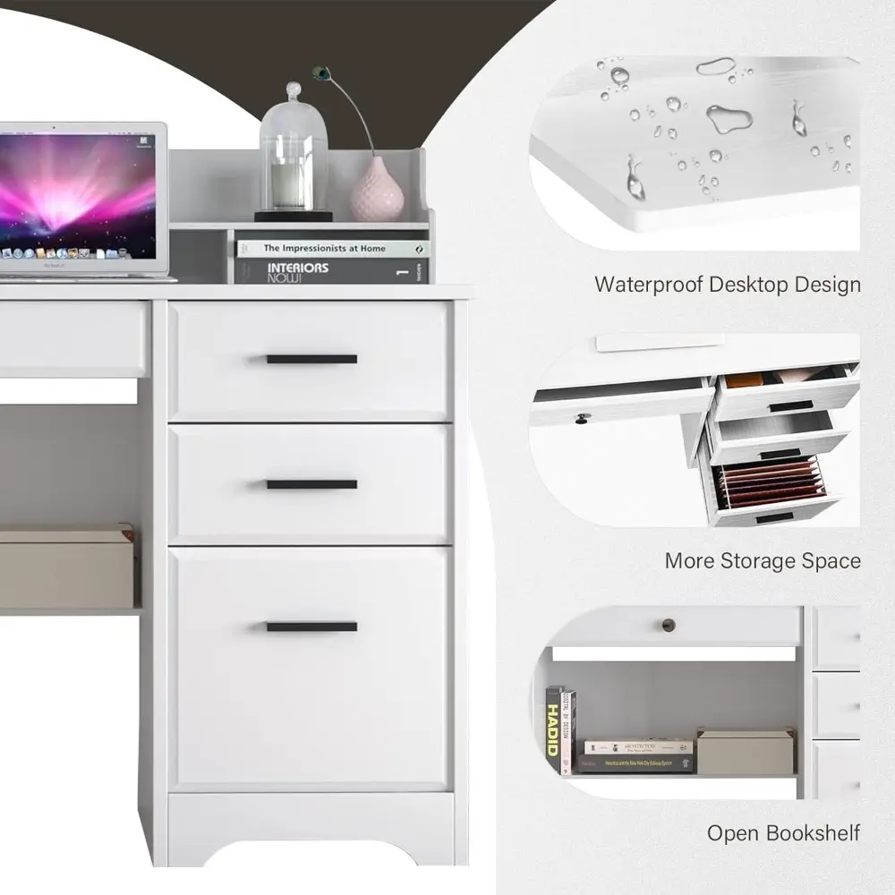 Computer Desk with 4 Drawers and Hutch, Home Office White Writing Desk with File Drawer and Shelves for Small Spaces, Small Des