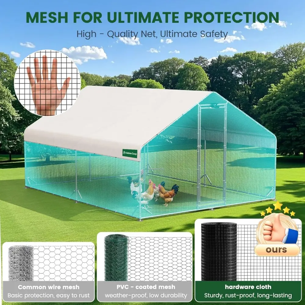 Large Walk-in Metal Chicken Coop with Chicken Run & Hardware Cloth, Solar Light, Waterproof & UV-Resistant Cover, Outdoor Poultr