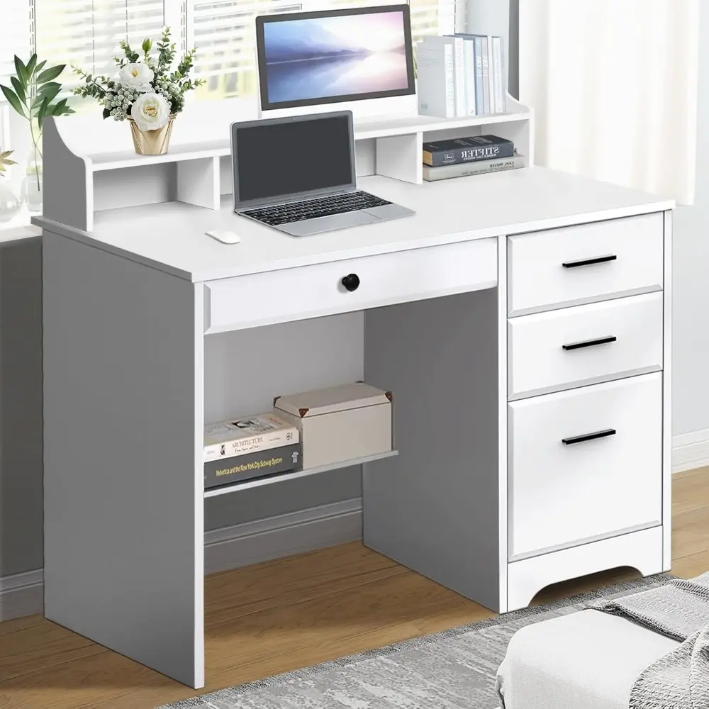 Computer Desk with 4 Drawers and Hutch, Home Office White Writing Desk with File Drawer and Shelves for Small Spaces, Small Des