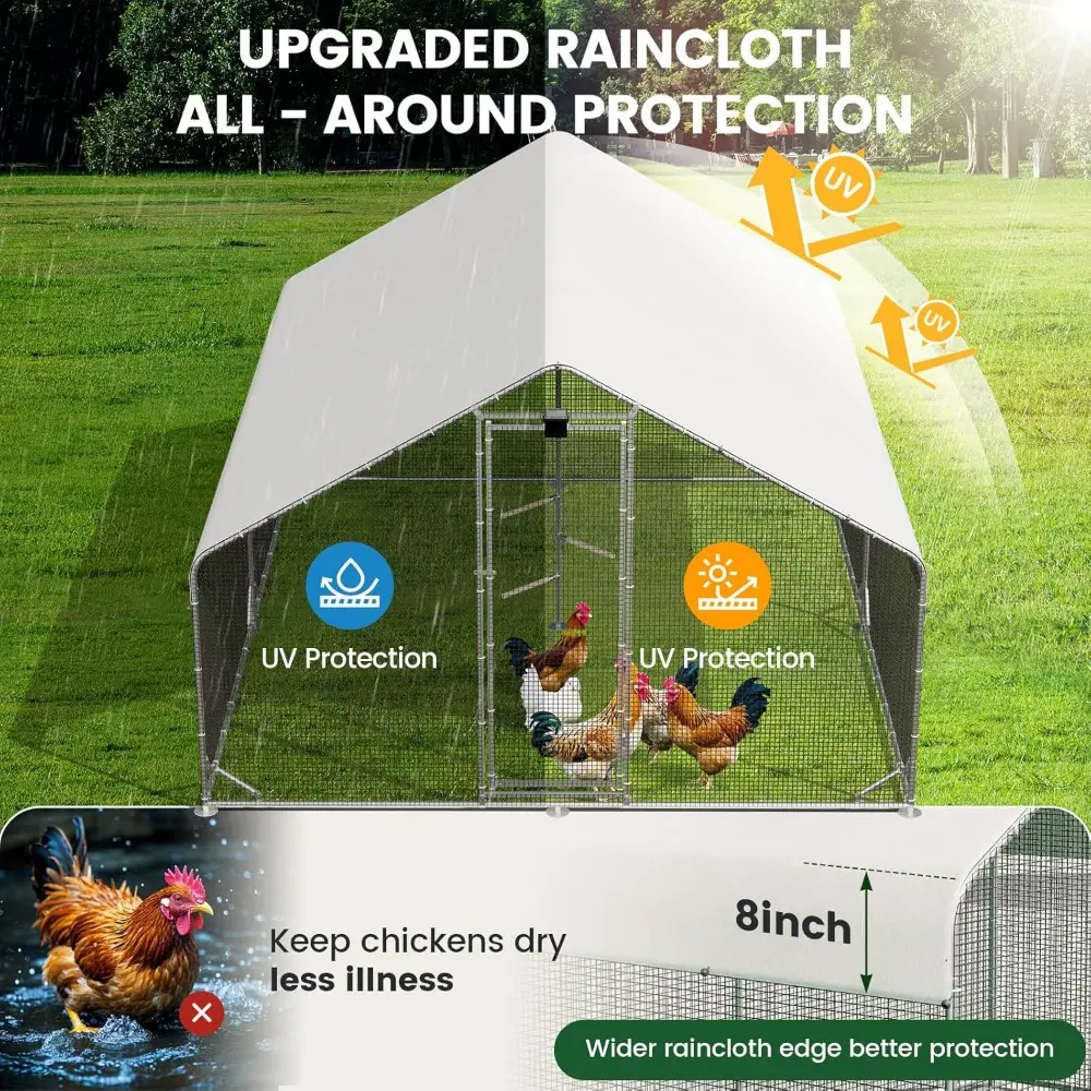 Large Walk-in Metal Chicken Coop with Chicken Run & Hardware Cloth, Solar Light, Waterproof & UV-Resistant Cover, Outdoor Poultr