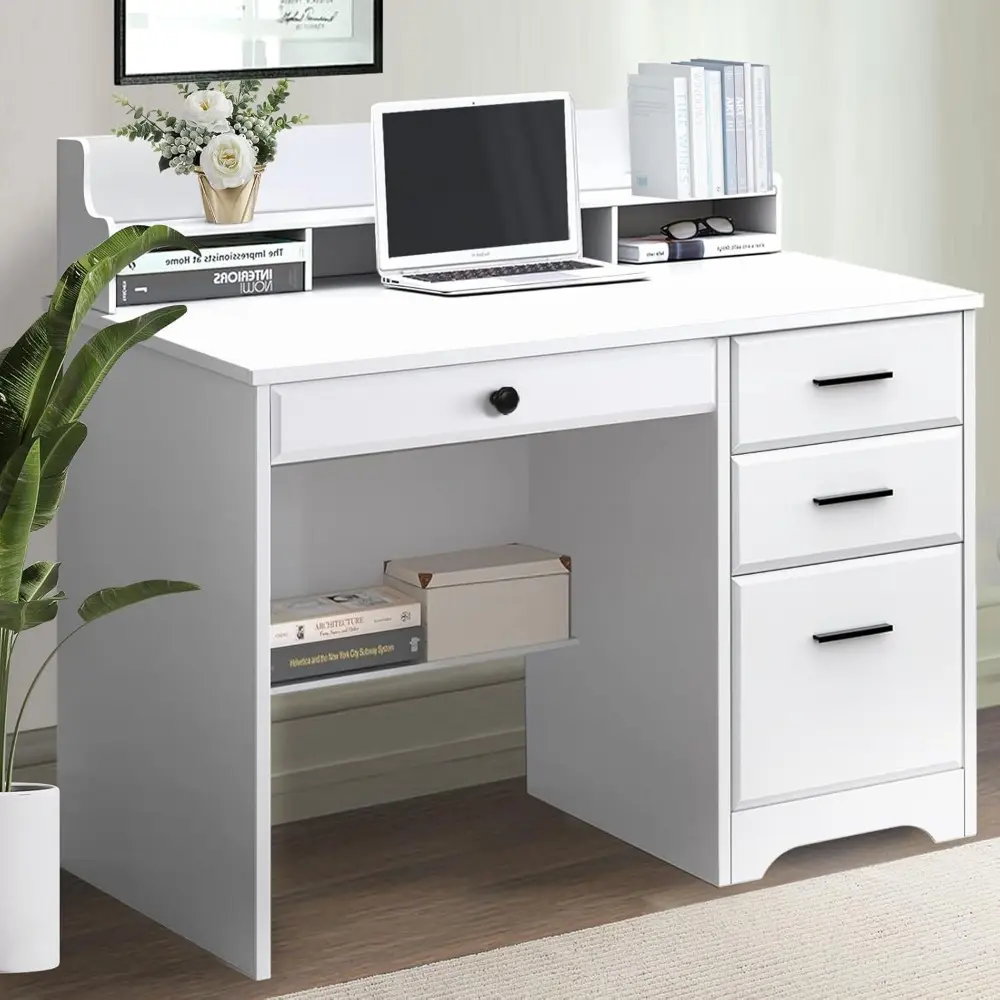 Computer Desk with 4 Drawers and Hutch, Home Office White Writing Desk with File Drawer and Shelves for Small Spaces, Small Des