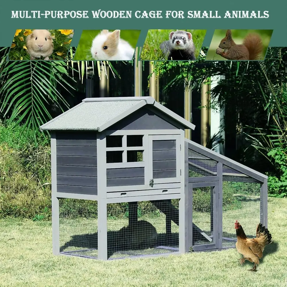 Rabbit Hutch Cage w/Hay Feeder, 58 Inch Bunny Cage Condo Wooden Quail Chicken Coop, Indoor Outdoor Hen Pet House w/Removable Tra