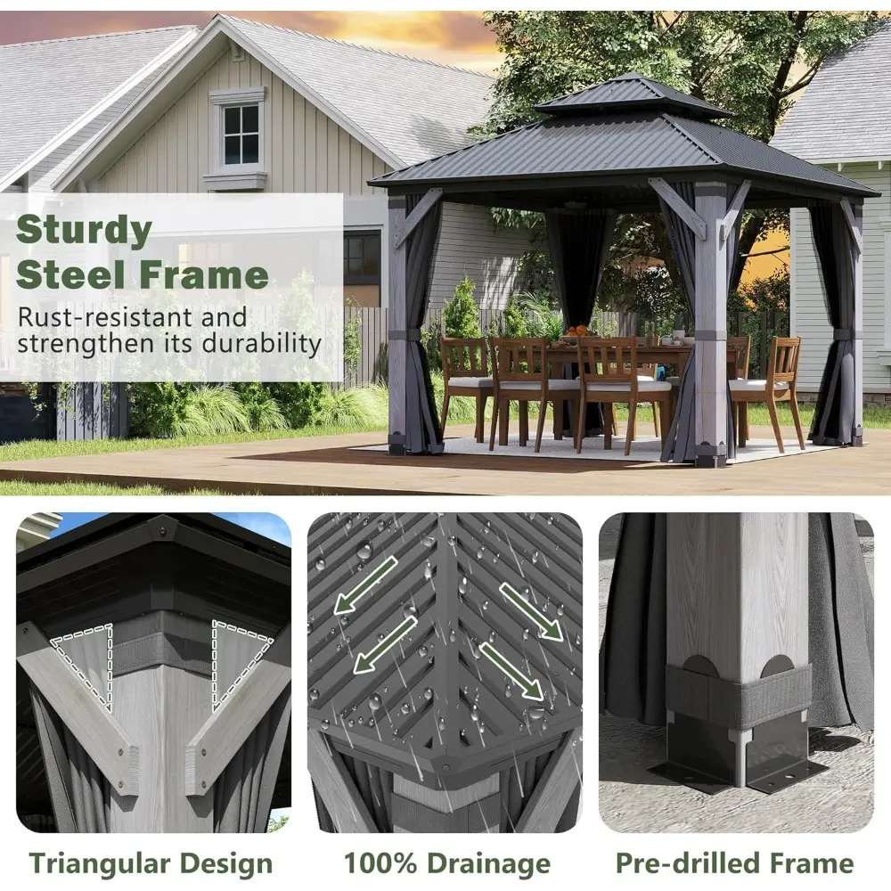 "8.5ft x 8.5ft Cedar Wood Hardtop Gazebo with Double Roof Metal Structure - Durable Outdoor Pavilion"
