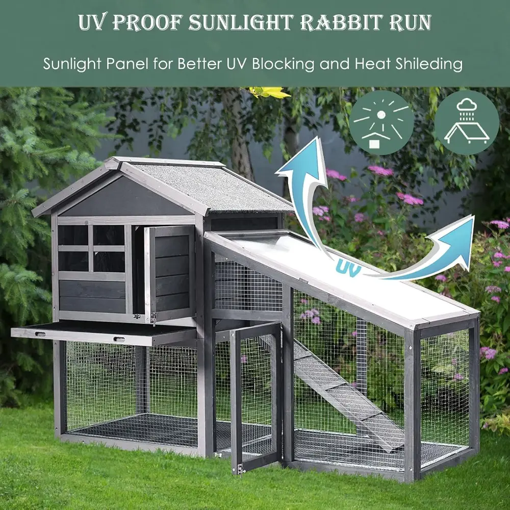 Rabbit Hutch Cage w/Hay Feeder, 58 Inch Bunny Cage Condo Wooden Quail Chicken Coop, Indoor Outdoor Hen Pet House w/Removable Tra