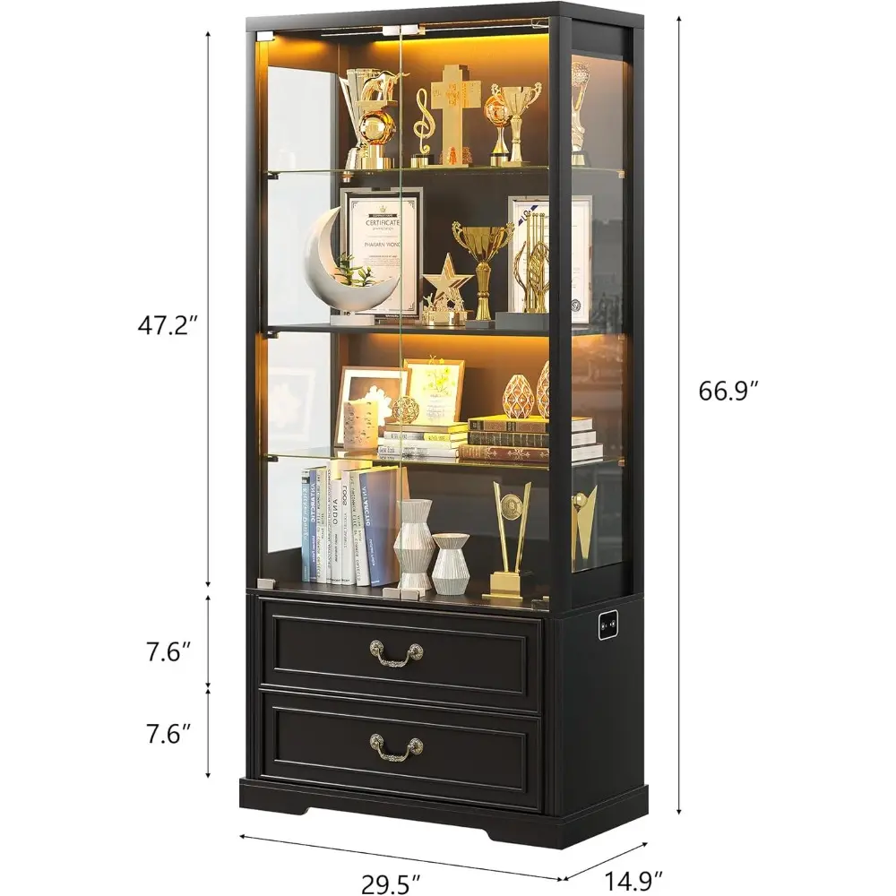 67" Tall Display Cabinet with Glass Doors and 2 Drawers, Adjustable Glass Height, Curio Cabinet with 3 LED Lights and Human Body