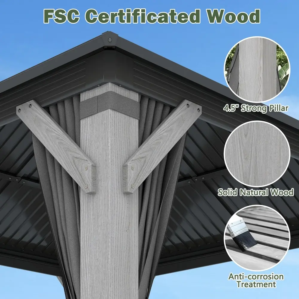 "8.5ft x 8.5ft Cedar Wood Hardtop Gazebo with Double Roof Metal Structure - Durable Outdoor Pavilion"