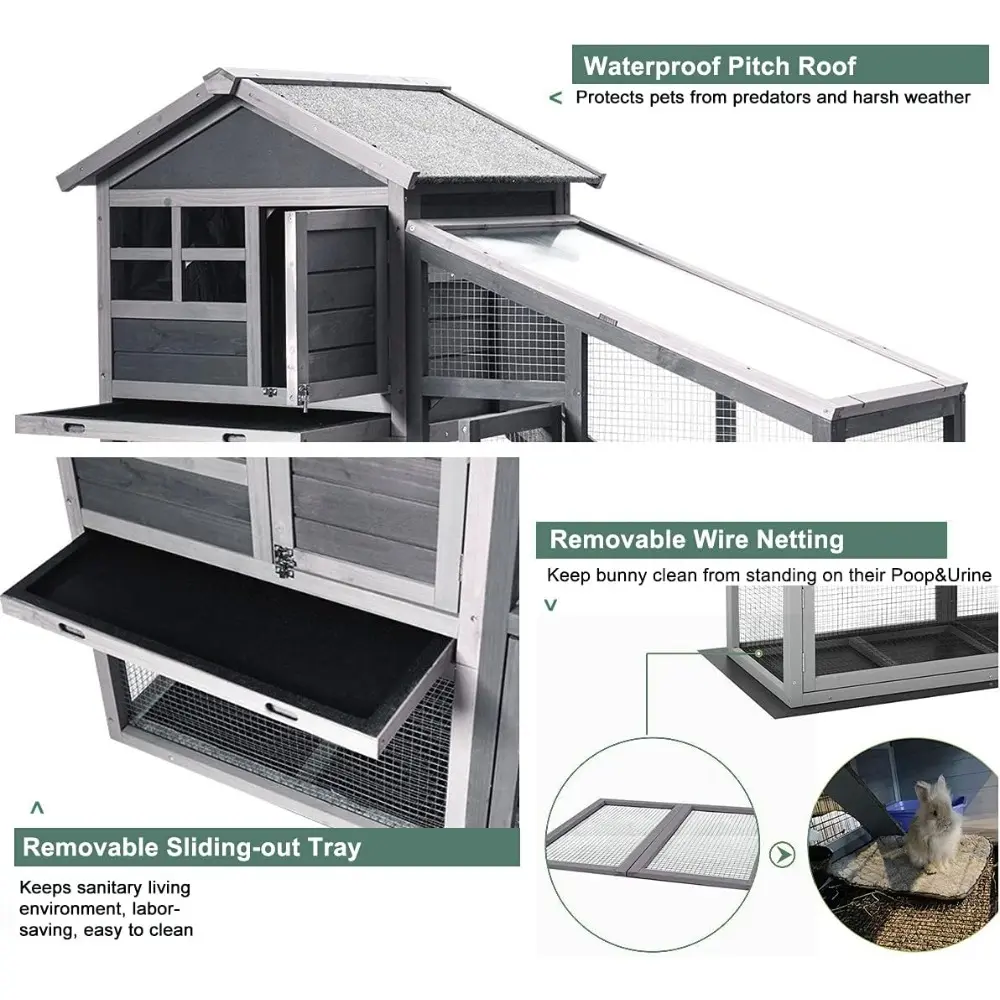 Rabbit Hutch Cage w/Hay Feeder, 58 Inch Bunny Cage Condo Wooden Quail Chicken Coop, Indoor Outdoor Hen Pet House w/Removable Tra