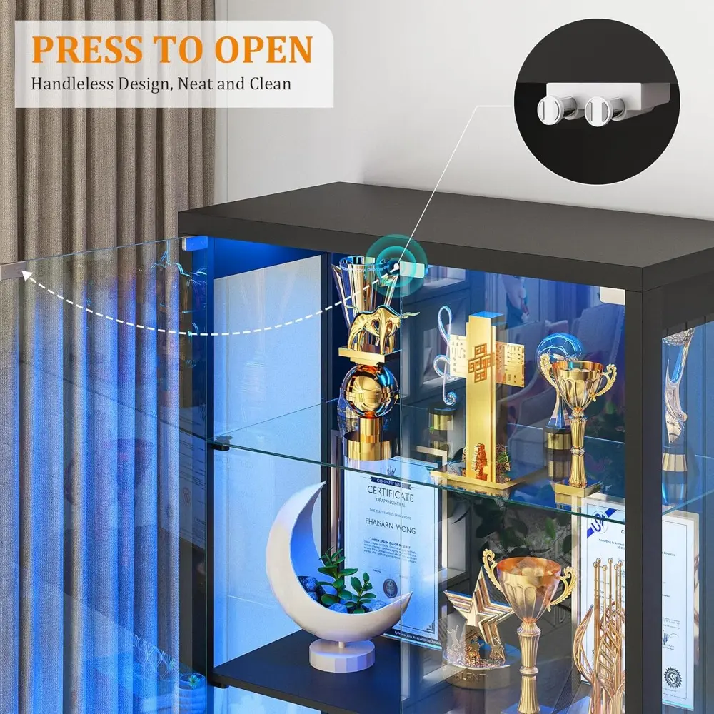 67" Tall Display Cabinet with Glass Doors and 2 Drawers, Adjustable Glass Height, Curio Cabinet with 3 LED Lights and Human Body