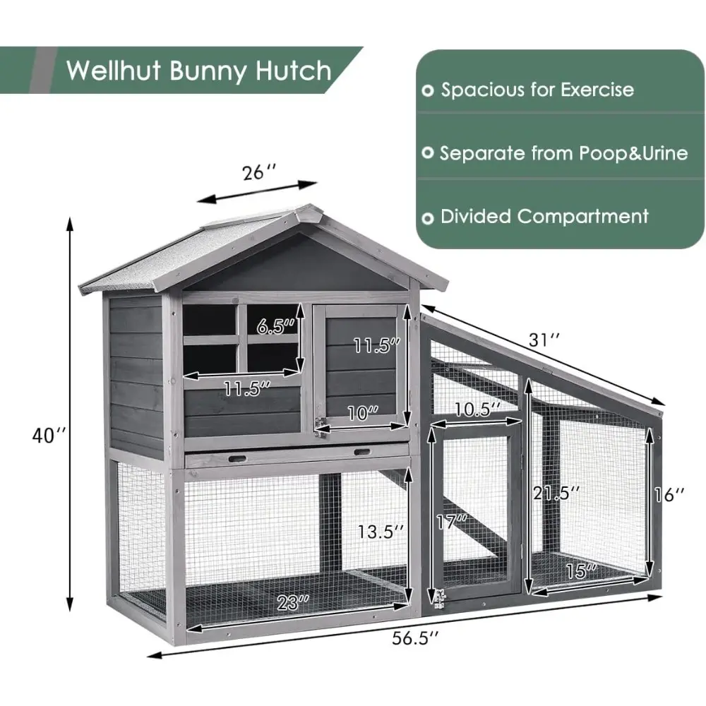 Rabbit Hutch Cage w/Hay Feeder, 58 Inch Bunny Cage Condo Wooden Quail Chicken Coop, Indoor Outdoor Hen Pet House w/Removable Tra