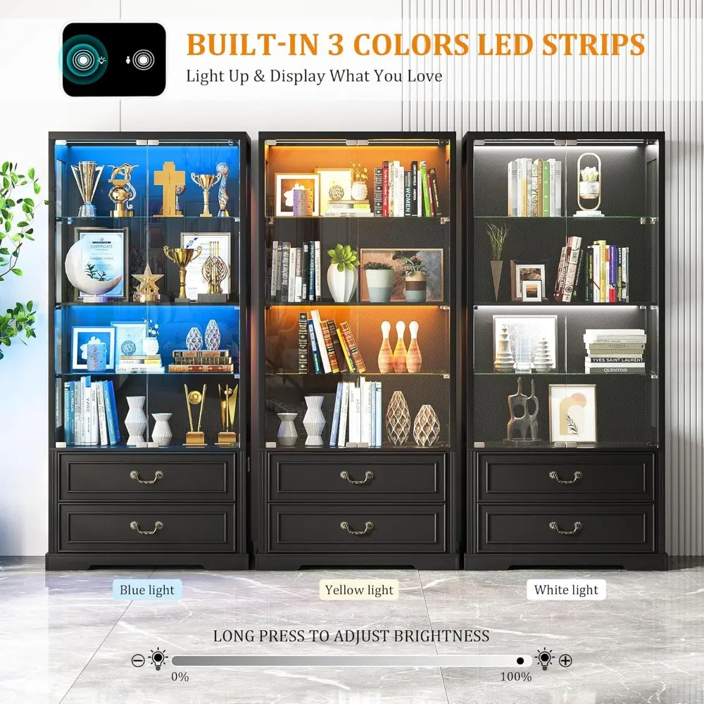 67" Tall Display Cabinet with Glass Doors and 2 Drawers, Adjustable Glass Height, Curio Cabinet with 3 LED Lights and Human Body