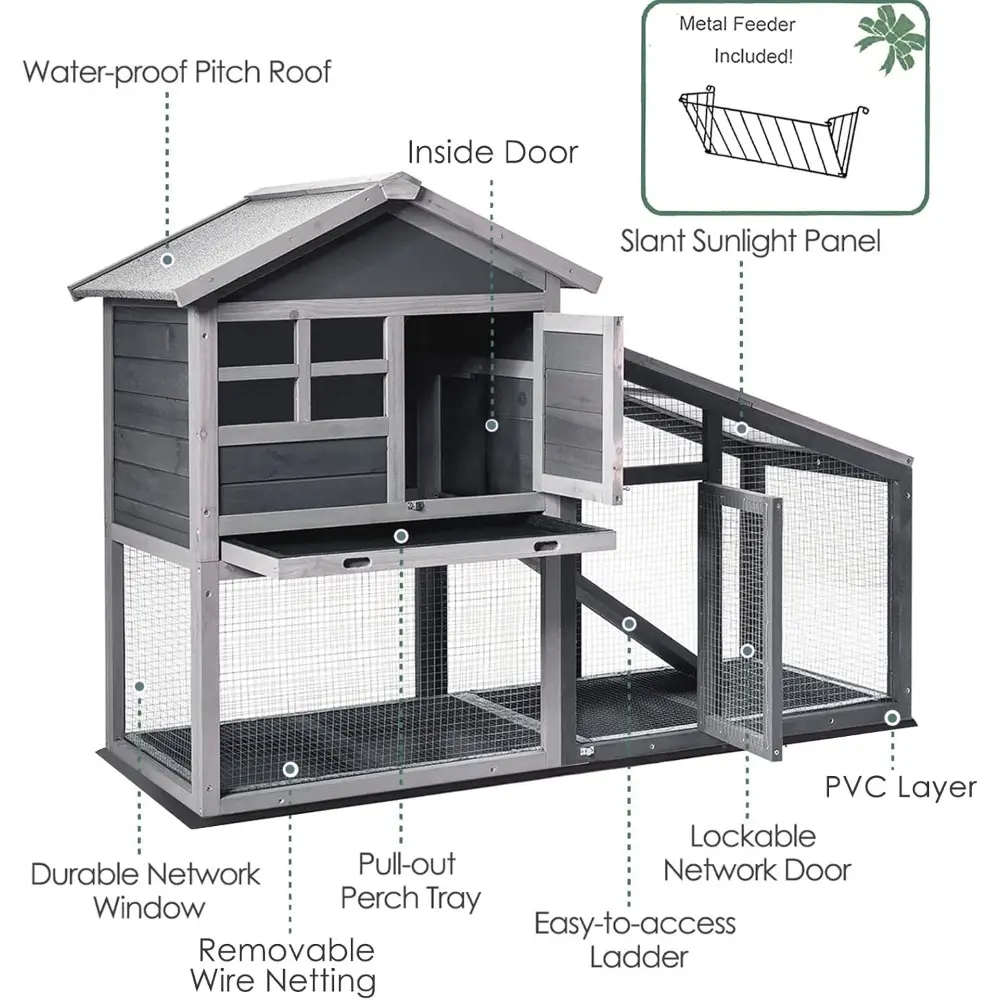 Rabbit Hutch Cage w/Hay Feeder, 58 Inch Bunny Cage Condo Wooden Quail Chicken Coop, Indoor Outdoor Hen Pet House w/Removable Tra