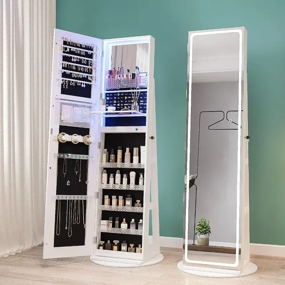 Swivel LED Mirror Jewelry Cabinet Armoire, Full Length Mirror with Storage, 3 Color & Adjustable Lights, Lockable Standing Jewe