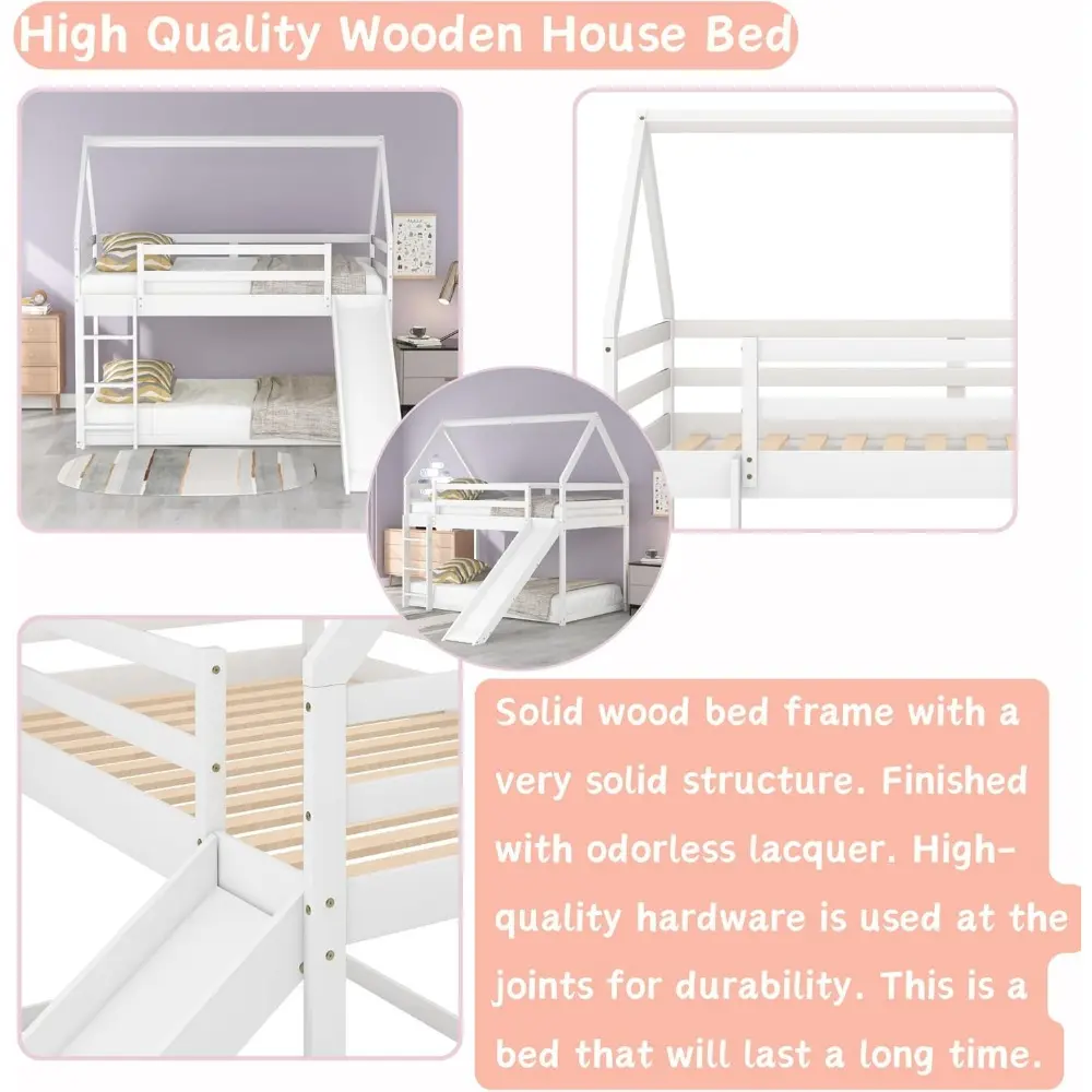 Harper & Bright Designs Twin Bunk Beds for Kids,Wood House Bunk Bed Twin Over Twin,Kids Bunk Bed with Slide and Roof for Girls B
