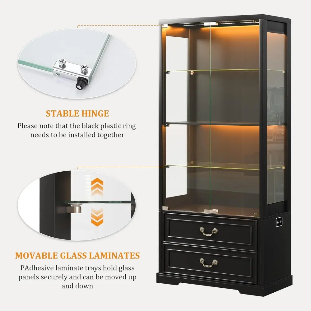 67" Tall Display Cabinet with Glass Doors and 2 Drawers, Adjustable Glass Height, Curio Cabinet with 3 LED Lights and Human Body