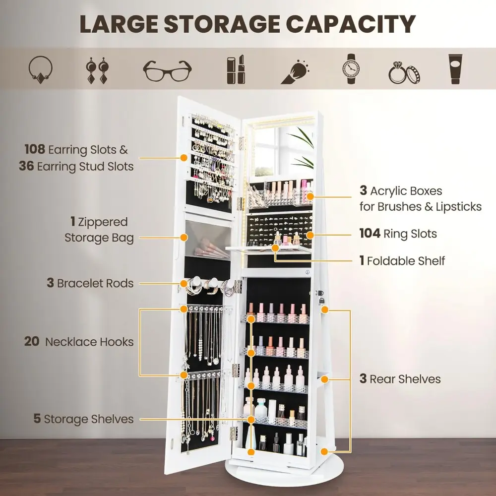 Swivel LED Mirror Jewelry Cabinet Armoire, Full Length Mirror with Storage, 3 Color & Adjustable Lights, Lockable Standing Jewe