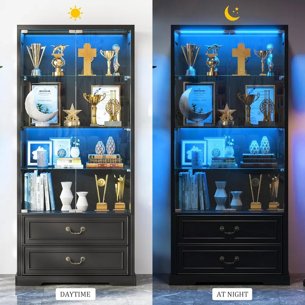 67" Tall Display Cabinet with Glass Doors and 2 Drawers, Adjustable Glass Height, Curio Cabinet with 3 LED Lights and Human Body