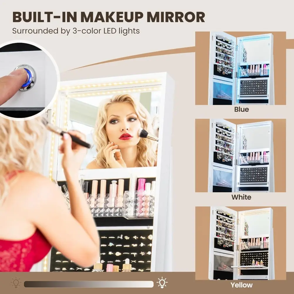 Swivel LED Mirror Jewelry Cabinet Armoire, Full Length Mirror with Storage, 3 Color & Adjustable Lights, Lockable Standing Jewe