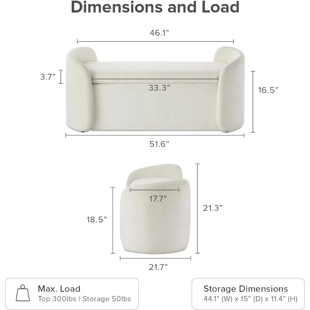 Sophie 51" Ottoman Storage Bench, Entryway and Window Seating, End of Bed Curved Stool for King & Queen Bed, Storage Chest for