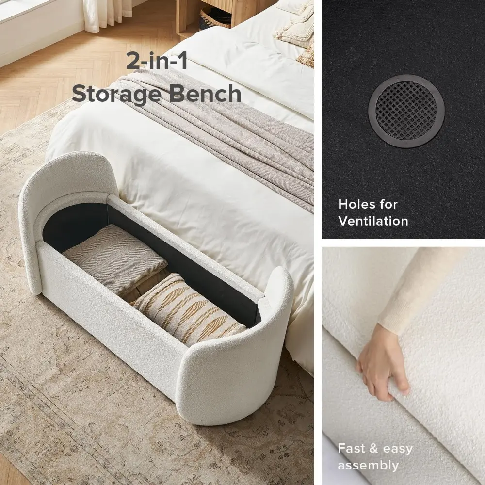 Sophie 51" Ottoman Storage Bench, Entryway and Window Seating, End of Bed Curved Stool for King & Queen Bed, Storage Chest for