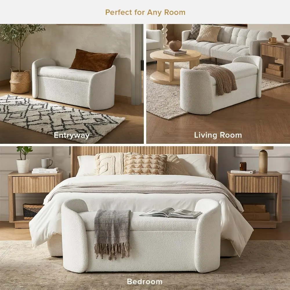 Sophie 51" Ottoman Storage Bench, Entryway and Window Seating, End of Bed Curved Stool for King & Queen Bed, Storage Chest for
