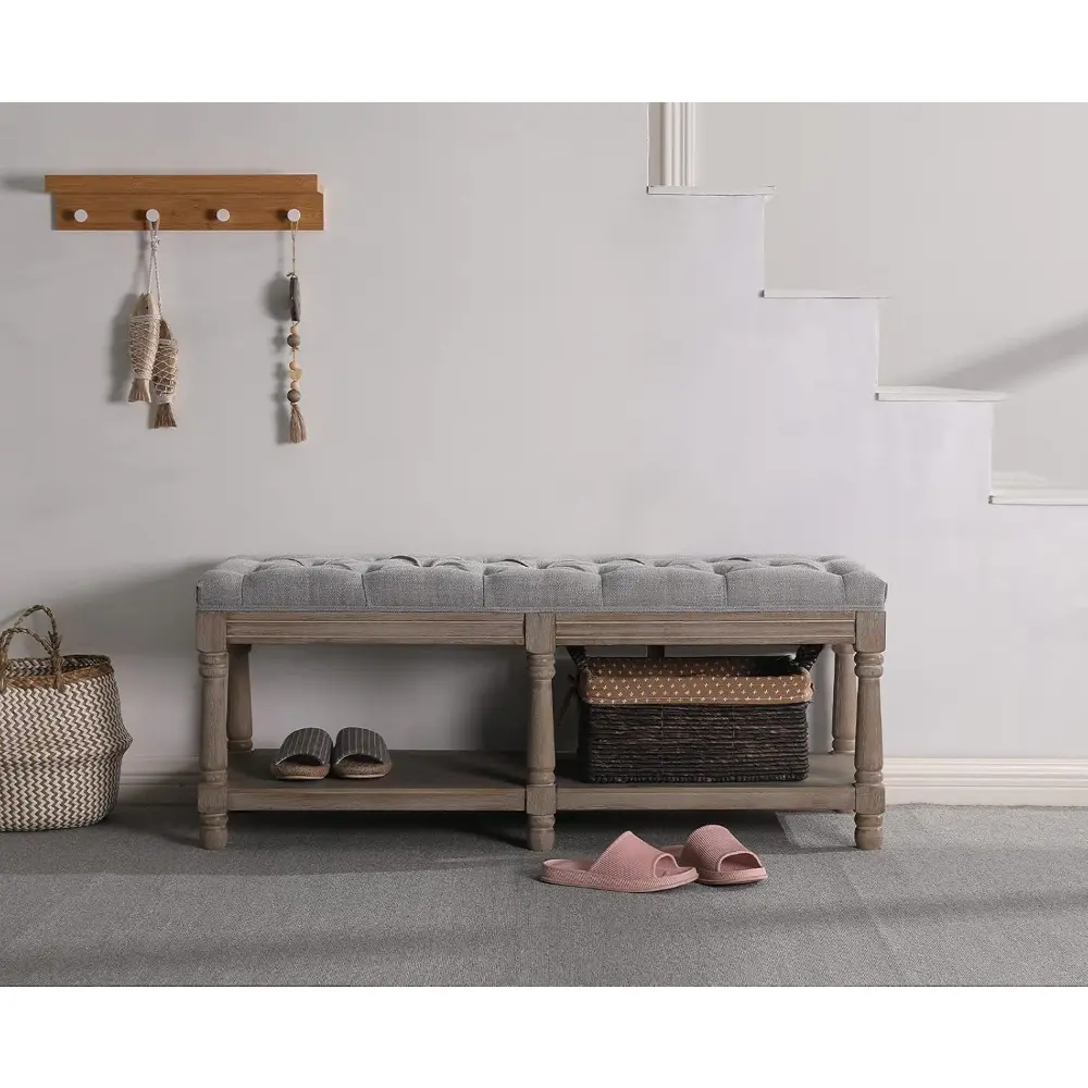 Kmax Storage Entryway Bench Tufted Shoe Rack Bench Wood Window Bench for Hallway Entrance Bedroom Corner, Gray