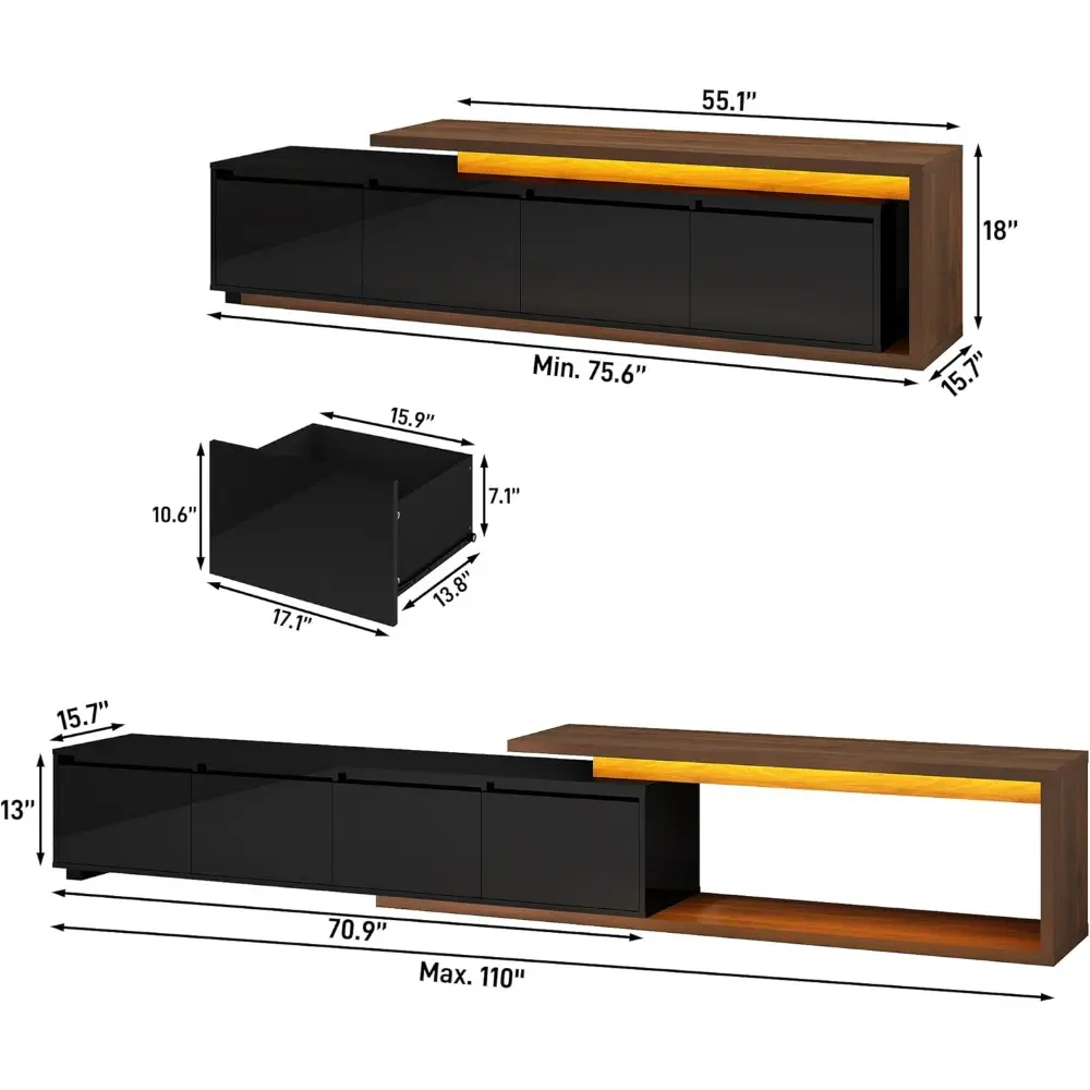 Extendable TV Stand with LED Light, Modern Entertainment Center for up to 120 Inch TV, Wood TV Media Console with 2 Drawers & 2