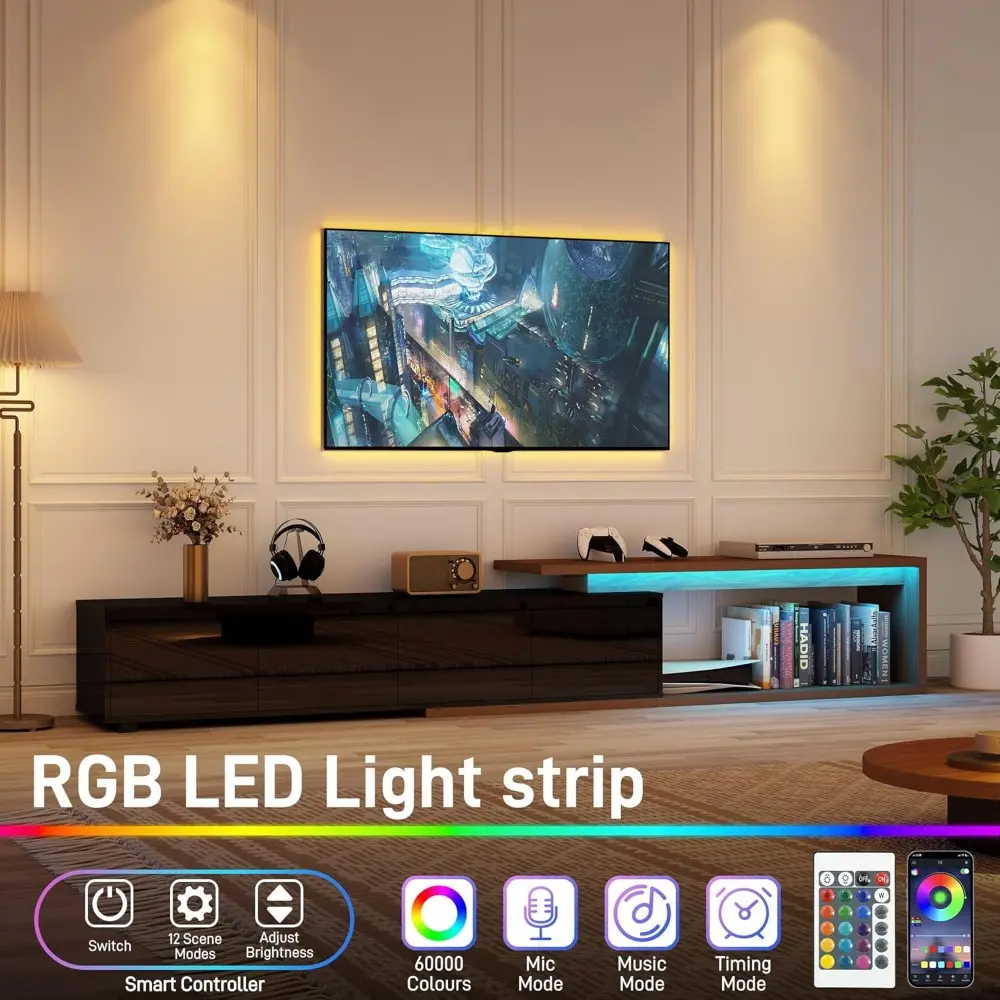 Extendable TV Stand with LED Light, Modern Entertainment Center for up to 120 Inch TV, Wood TV Media Console with 2 Drawers & 2