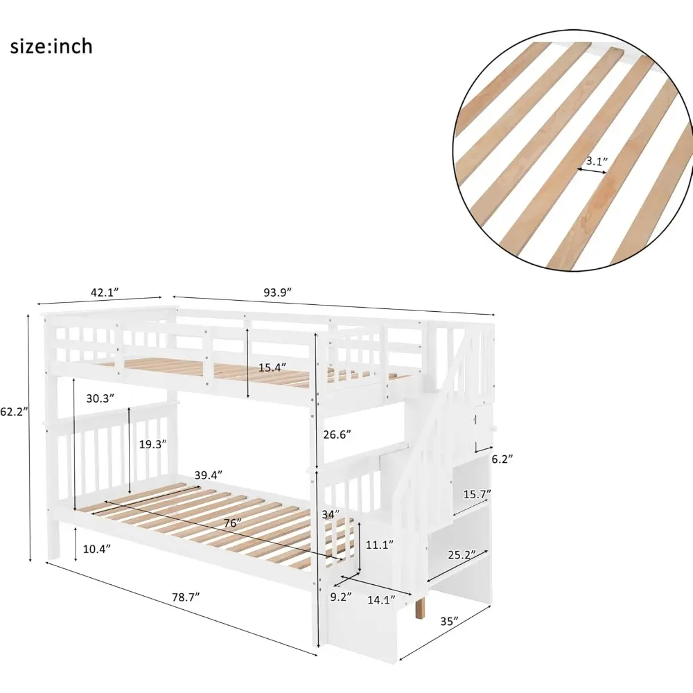 Harper & Bright Designs Wood Bunk Beds with Stairs, Twin Over Twin Bunk Bed with Storage Shelf & Full Length Guardrail, No Box S