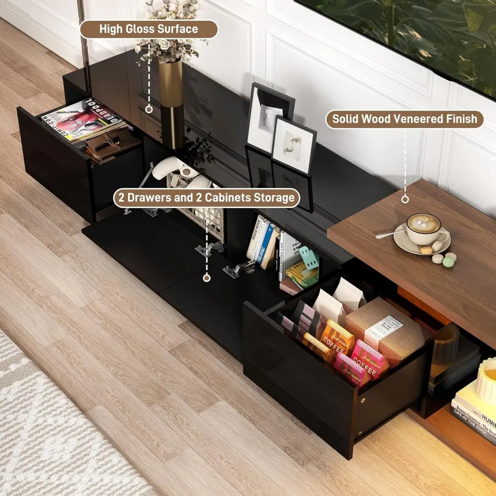 Extendable TV Stand with LED Light, Modern Entertainment Center for up to 120 Inch TV, Wood TV Media Console with 2 Drawers & 2